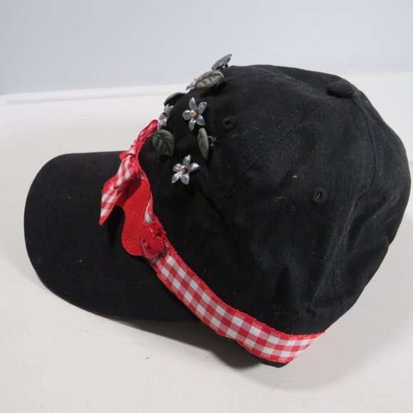 Black and red fabric baseball cap with flowers & red gingham trim Hat - Picture 2 of 10